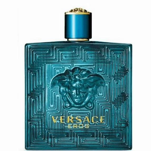Versace Eros for Men 3.4 oz Eau de Toilette Spray, sleek bottle with iconic design, fragrance for men.