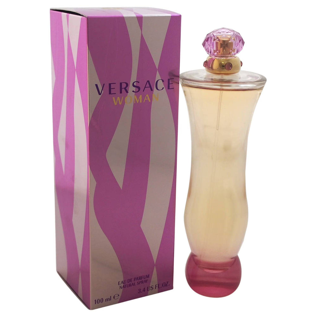 Versace Woman by Gianni Versace EDP spray for women, 3.4 oz, elegant perfume bottle with gold accents and sleek design