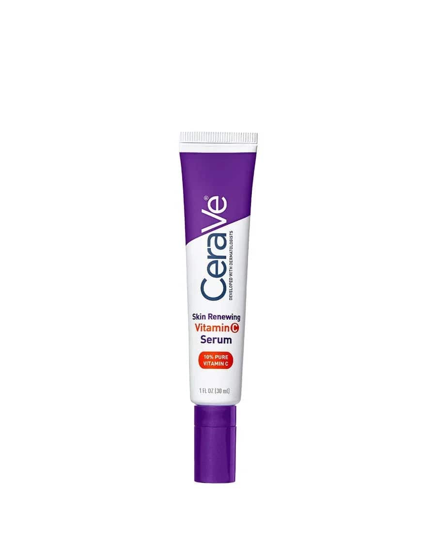 SlimBag CeraVe Skin Renewing Vitamin C Serum bottle with pump dispenser, front view showing label and clear glass packaging.
