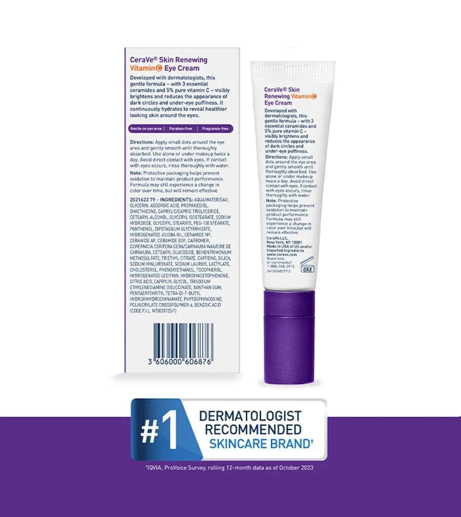 SlimBag Skin Renewing Vitamin C Eye Cream in a sleek jar, featuring bright orange packaging and a smooth cream texture visible.