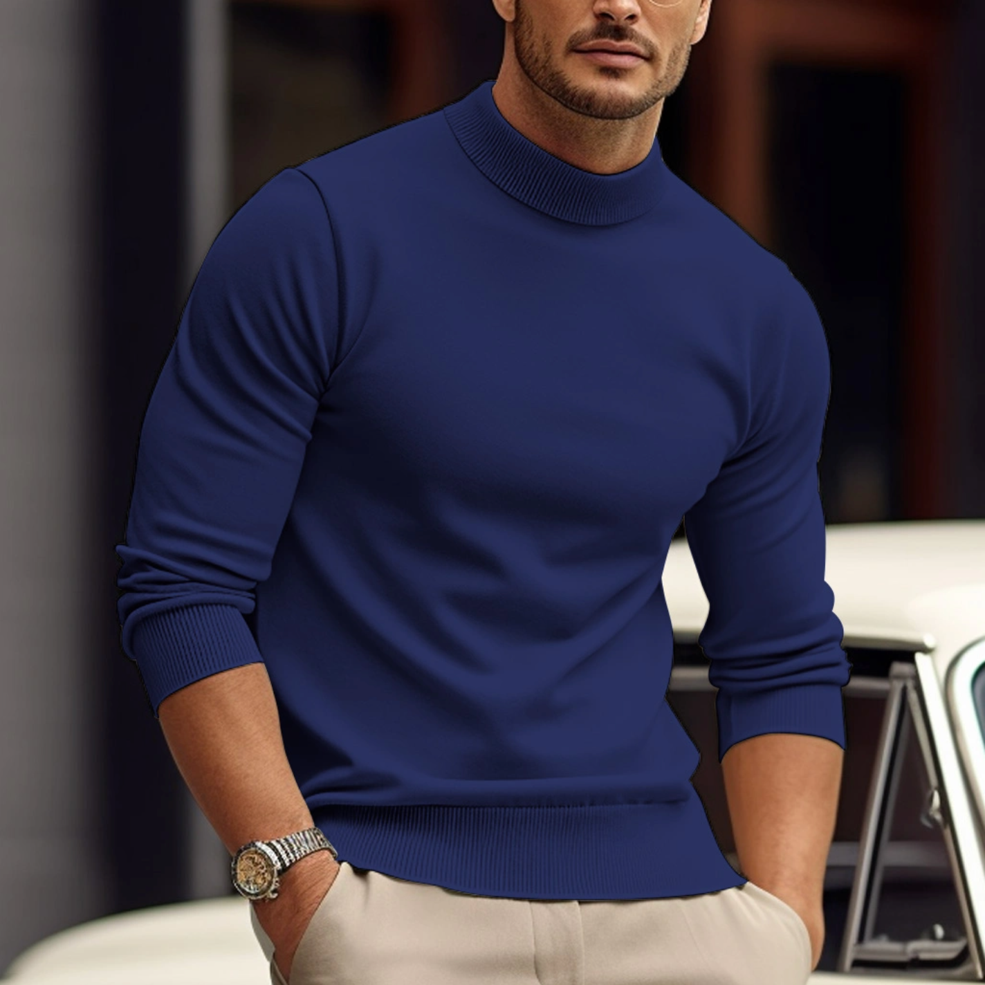 Men Minimal Mock Neck Sweater | Soft Knit Pullover