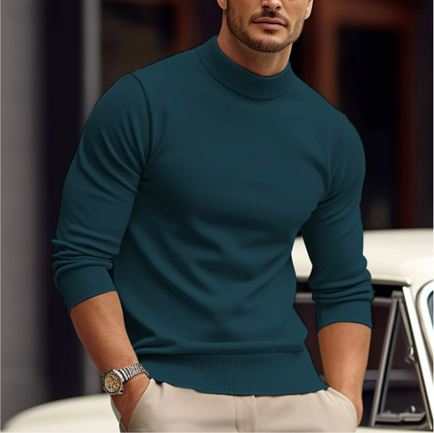 Men Minimal Mock Neck Sweater | Soft Knit Pullover