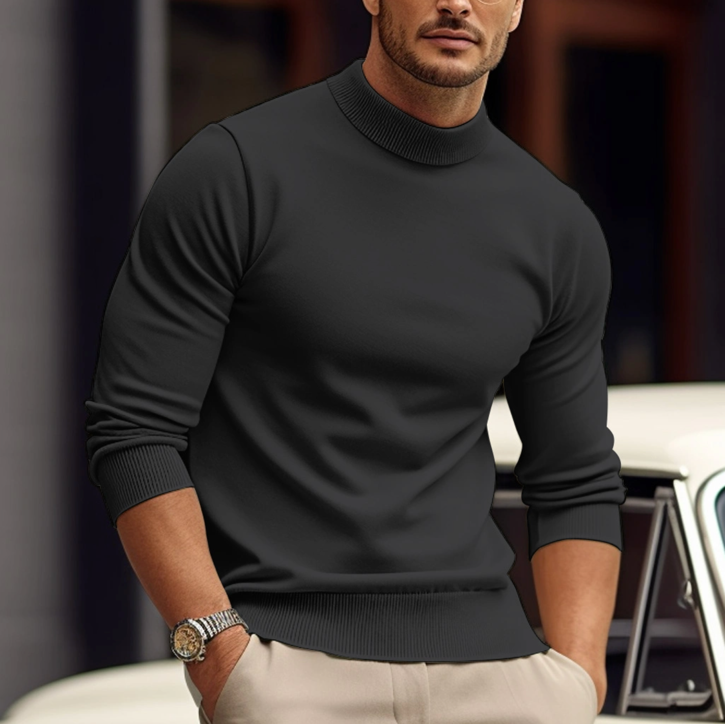 Men Minimal Mock Neck Sweater | Soft Knit Pullover