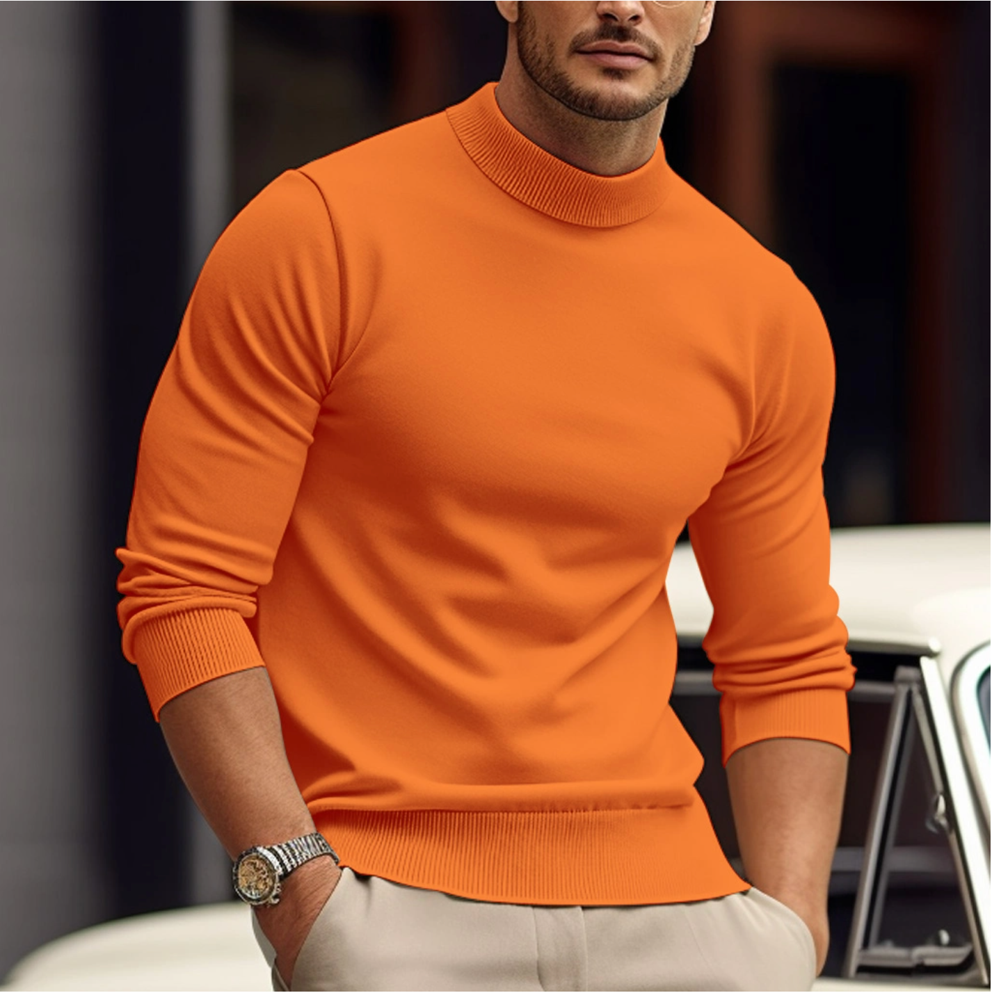 Men Minimal Mock Neck Sweater | Soft Knit Pullover
