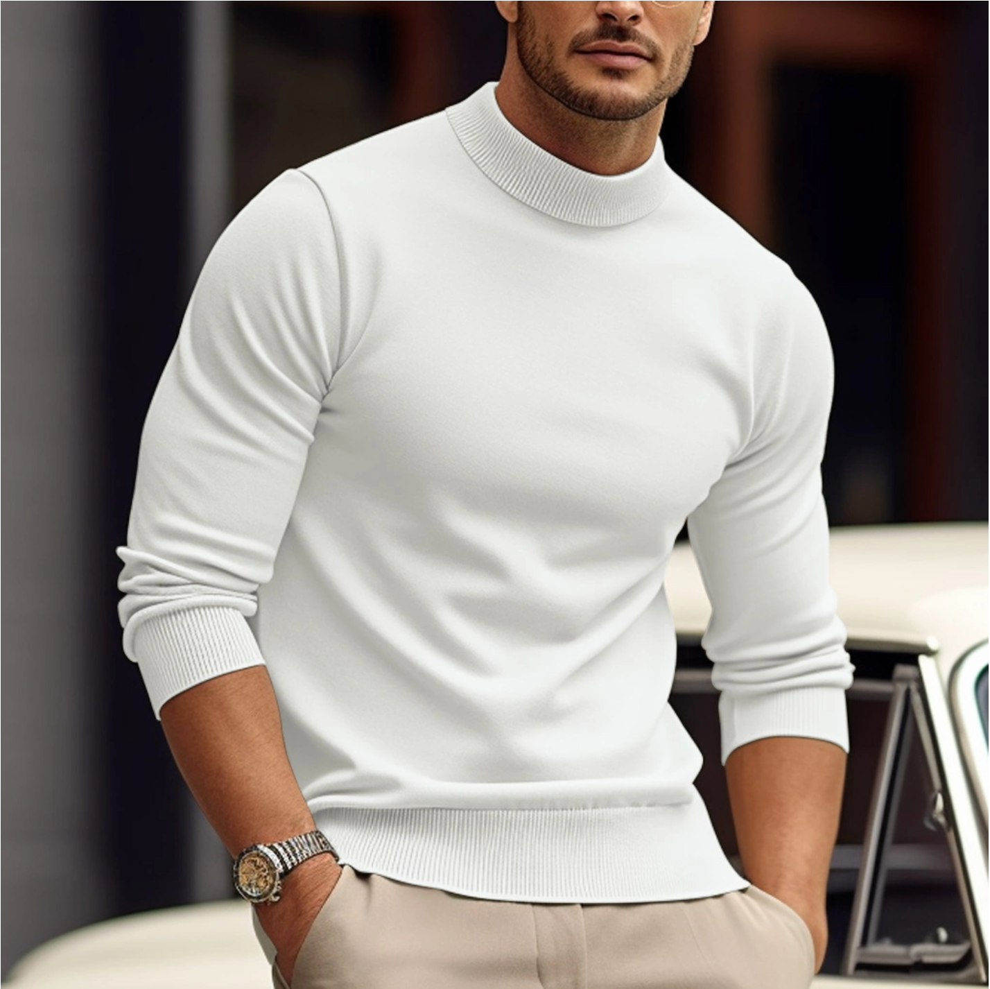 Men Minimal Mock Neck Sweater | Soft Knit Pullover