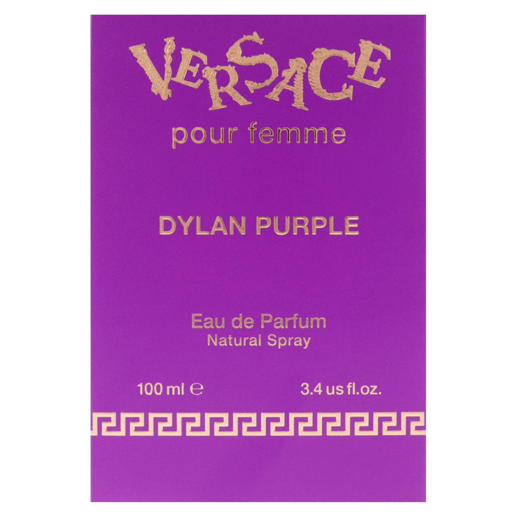 Versace Dylan Purple women’s 3.4 oz Eau de Parfum spray featuring a purple bottle and elegant floral design.