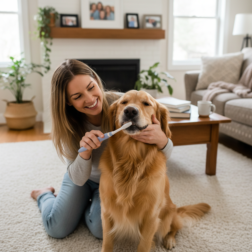 Owner brushing golden retriever dog teeth