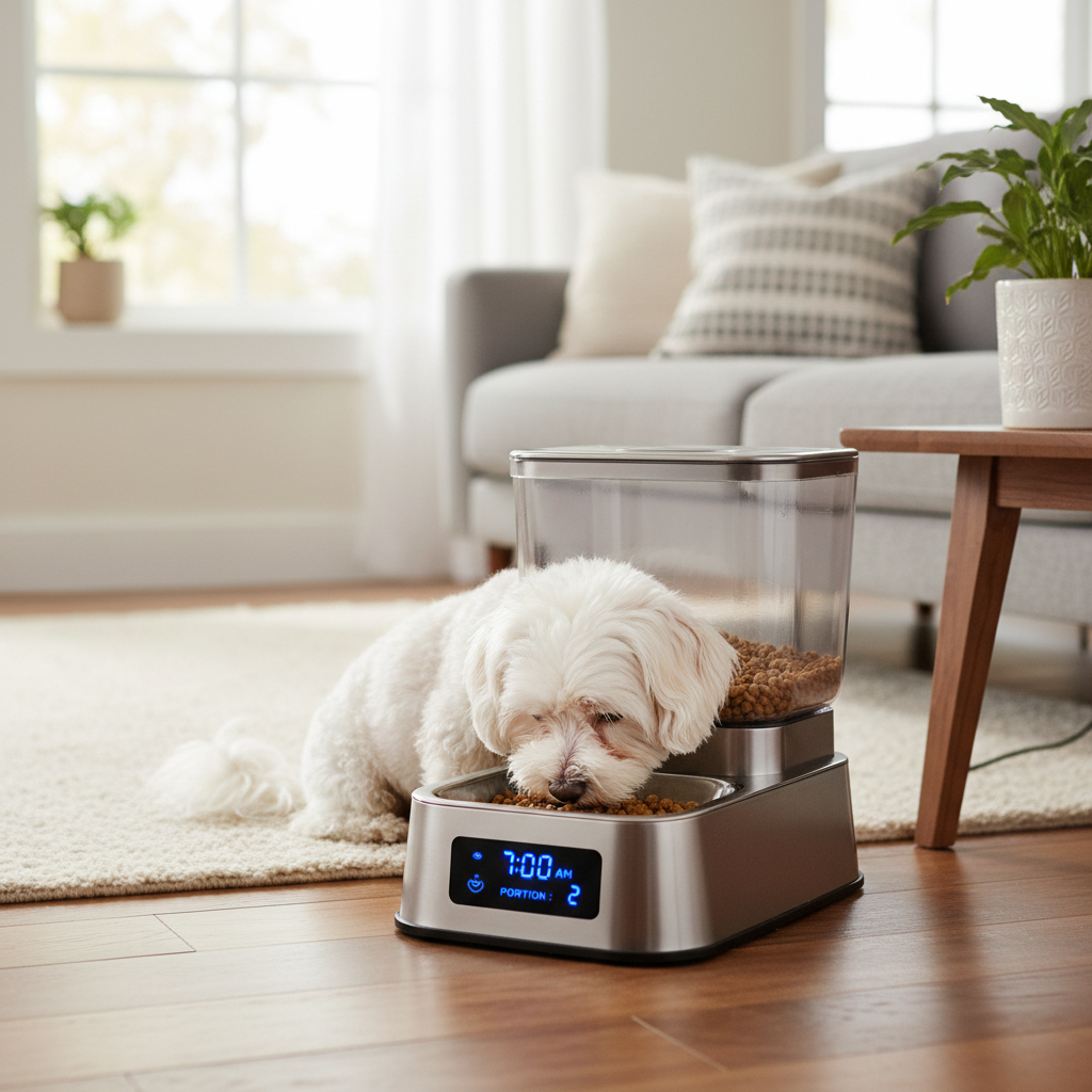 Dog eating from automatic pet feeder