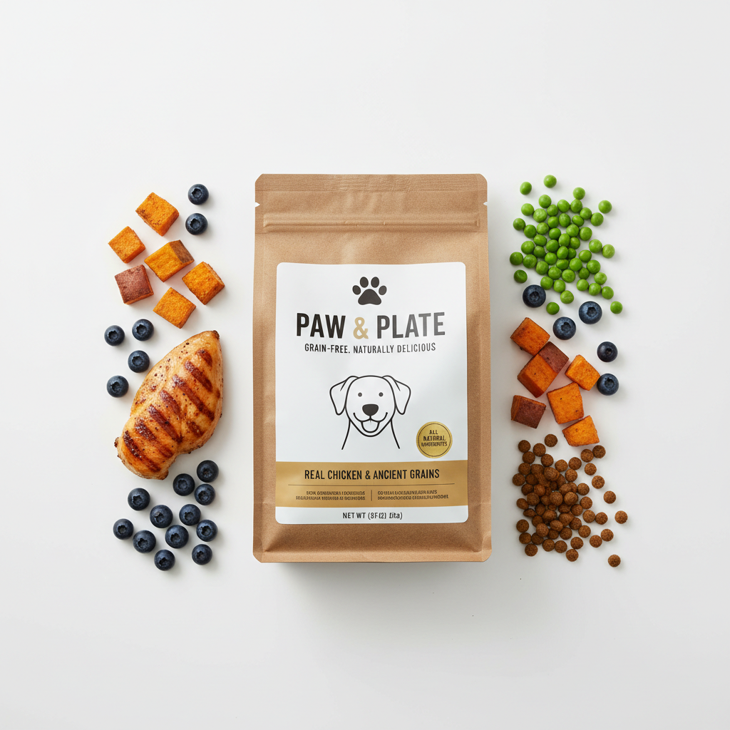 Grain-free dog food with natural ingredients flat lay