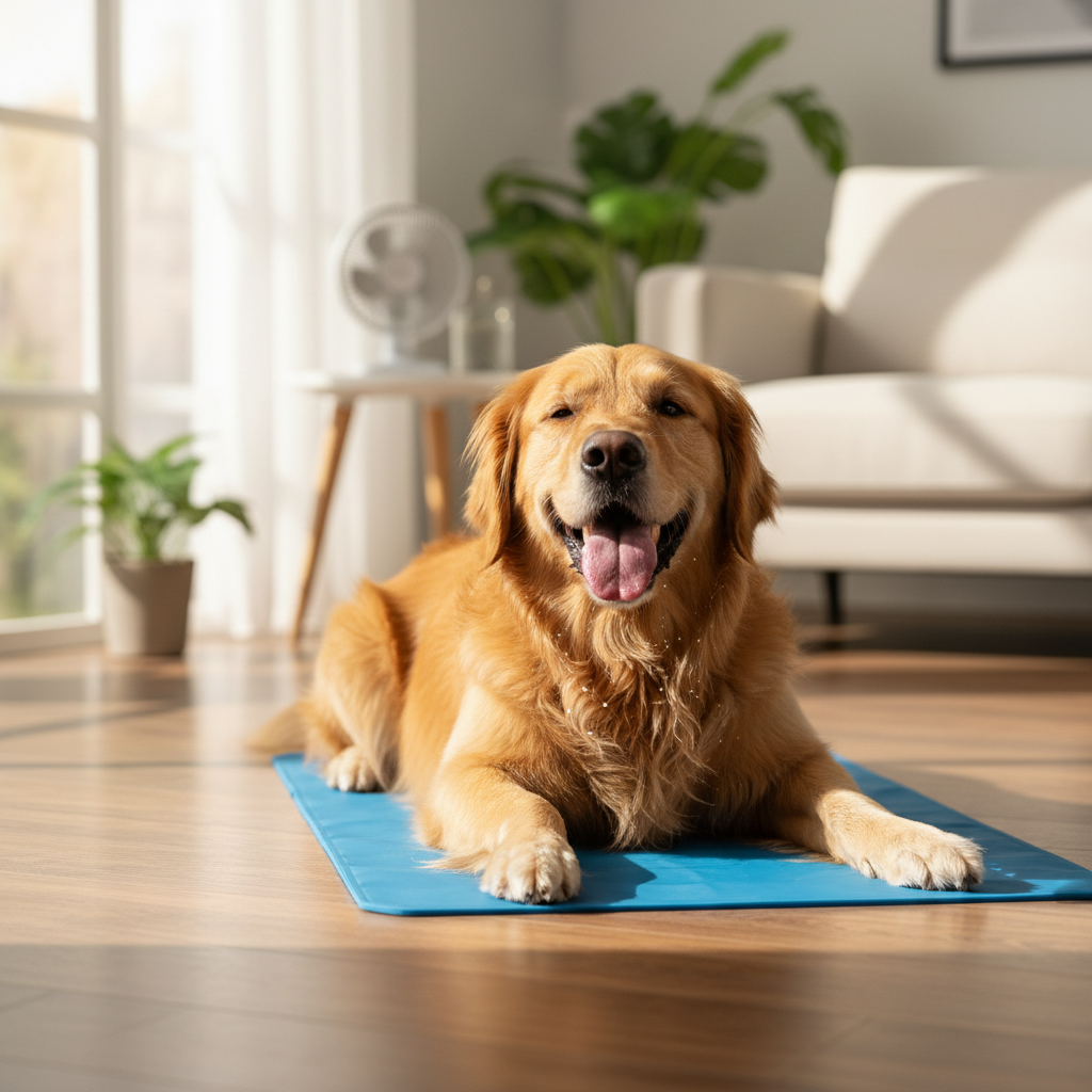 Golden retriever lying on dog cooling mat