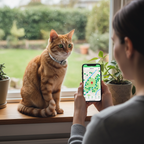 Cat wearing GPS tracker collar with owner checking app