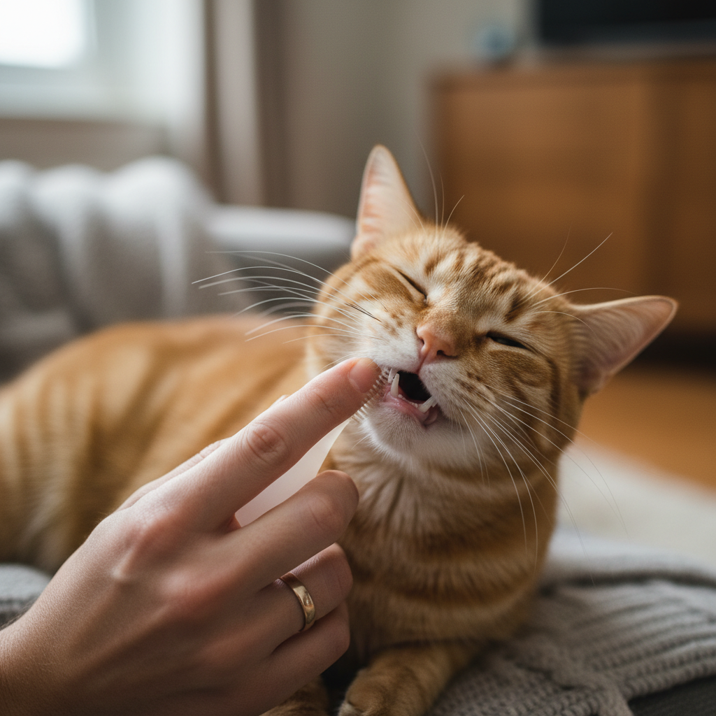 Owner cleaning cat teeth with finger brush