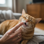 Owner cleaning cat teeth with finger brush