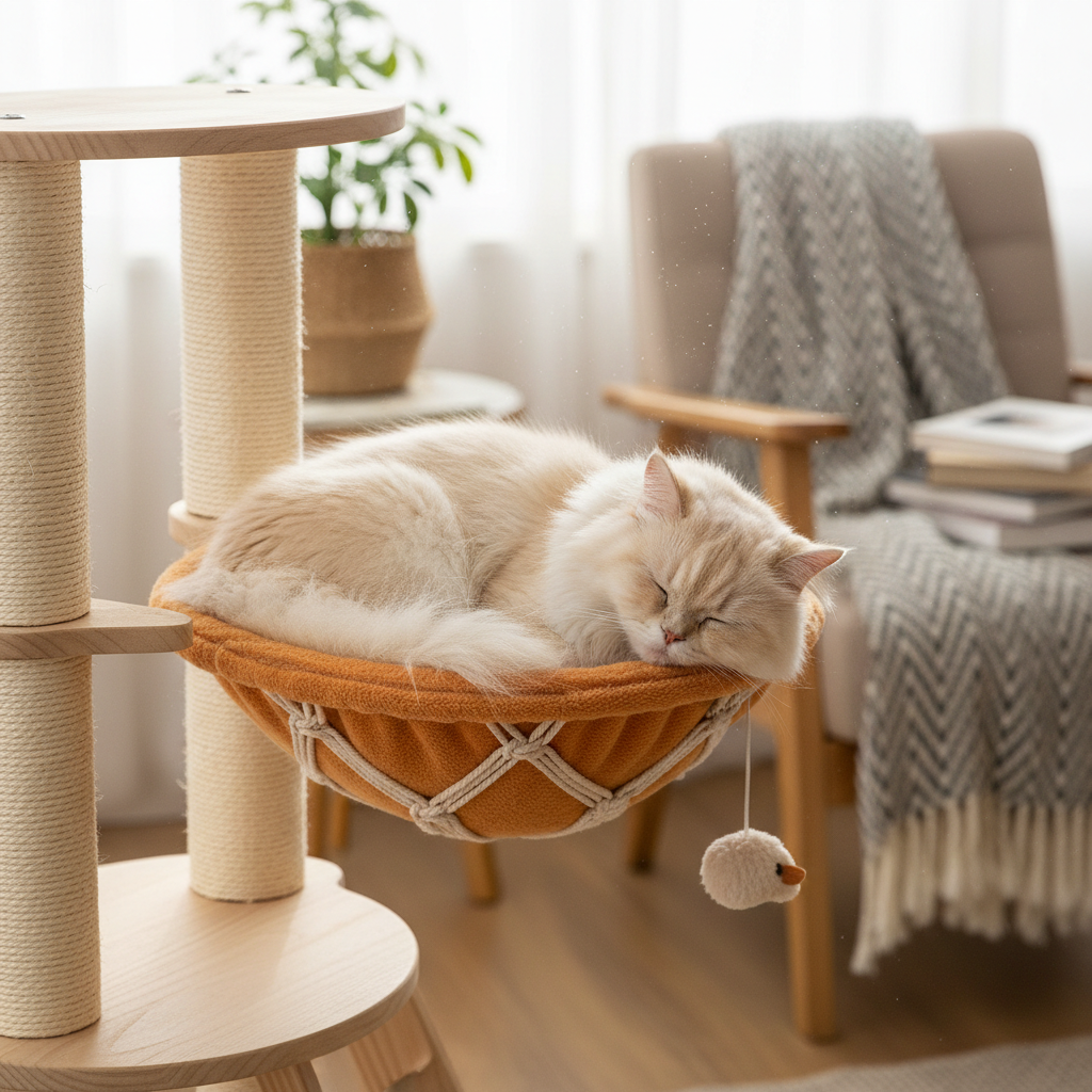 Fluffy cat sleeping in cat tree hammock