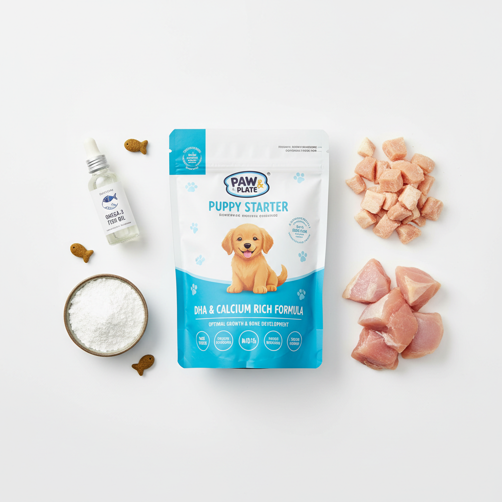 Puppy starter food with DHA and calcium ingredients