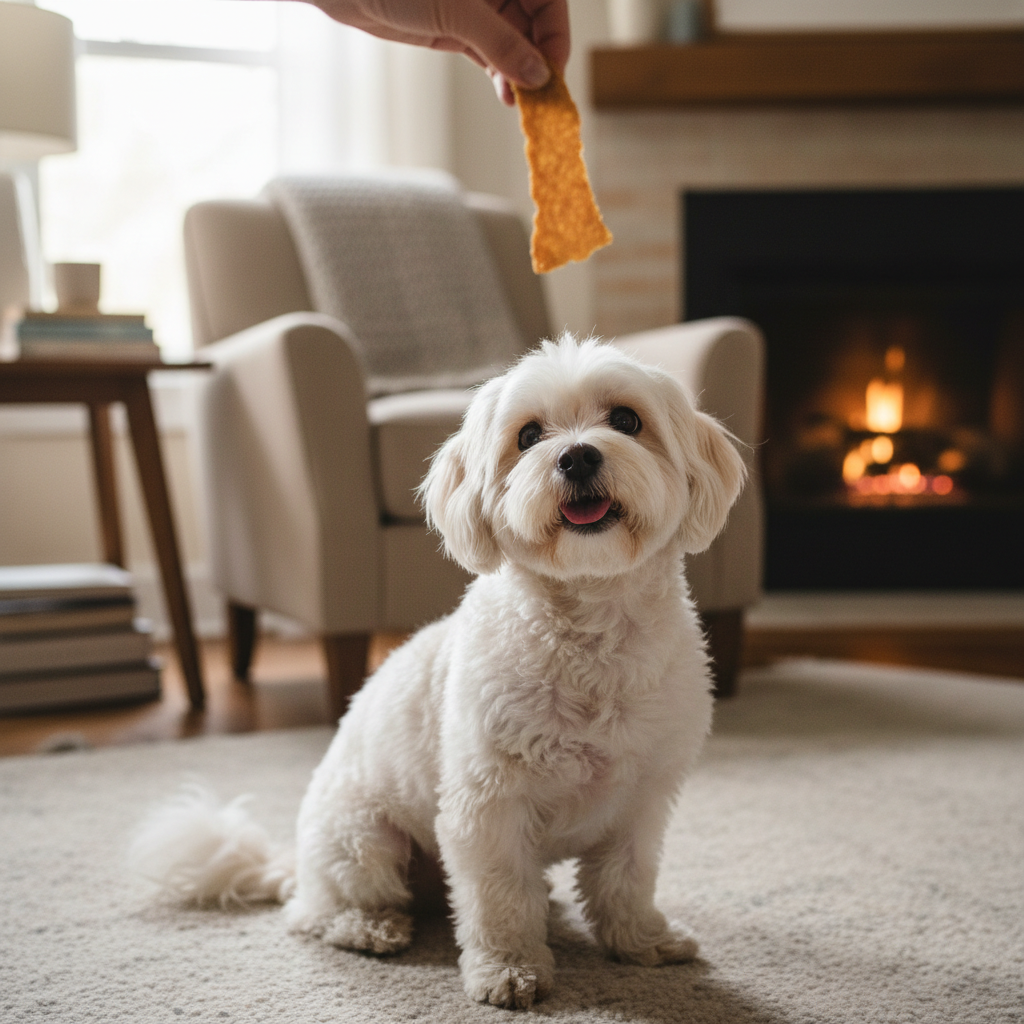 Dog waiting for chicken jerky treat