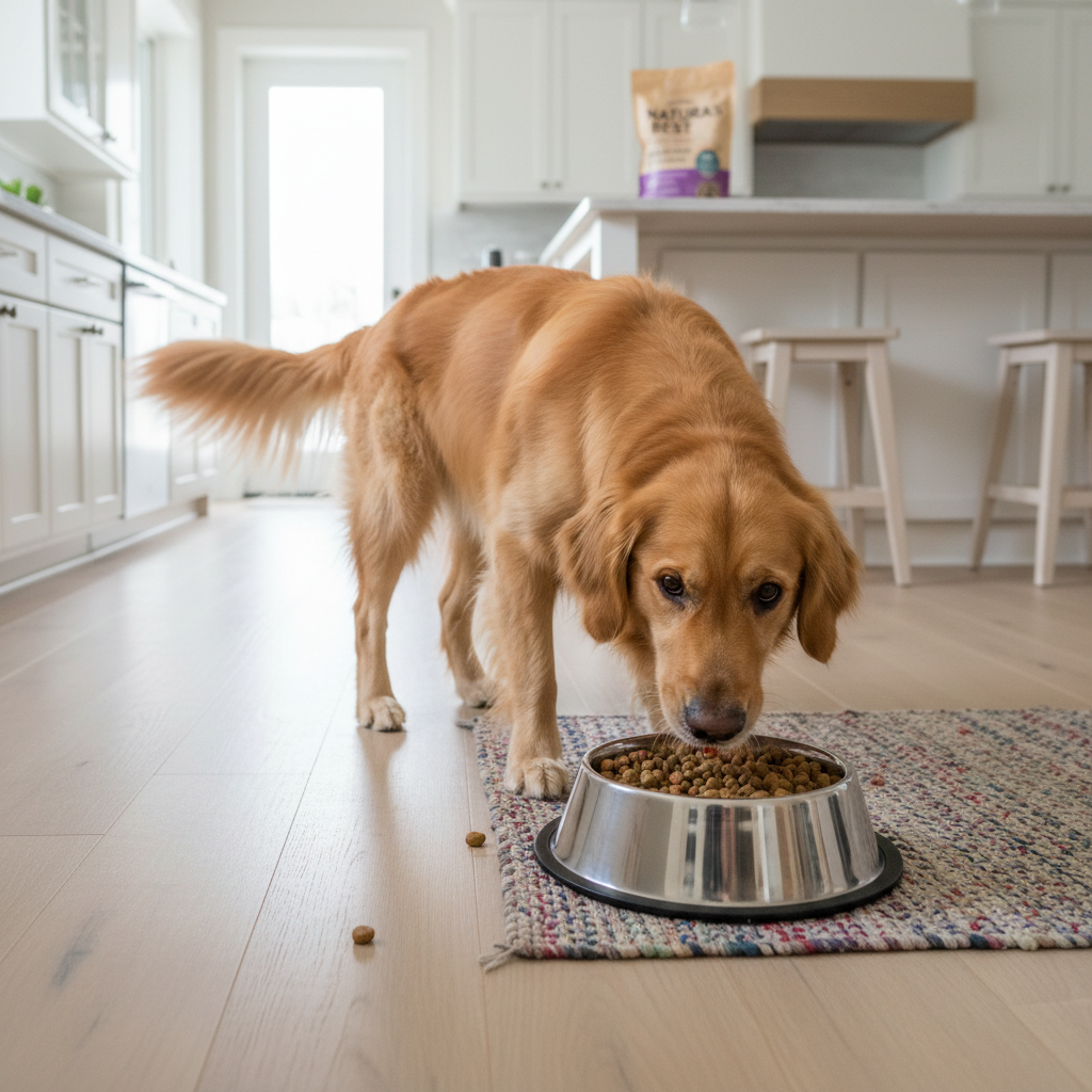 Golden retriever eating grain-free dog food