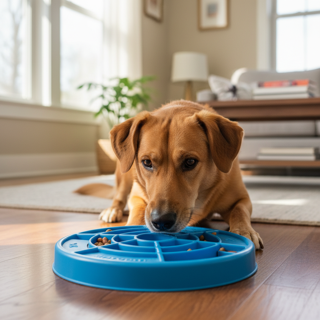 Dog solving treat puzzle toy