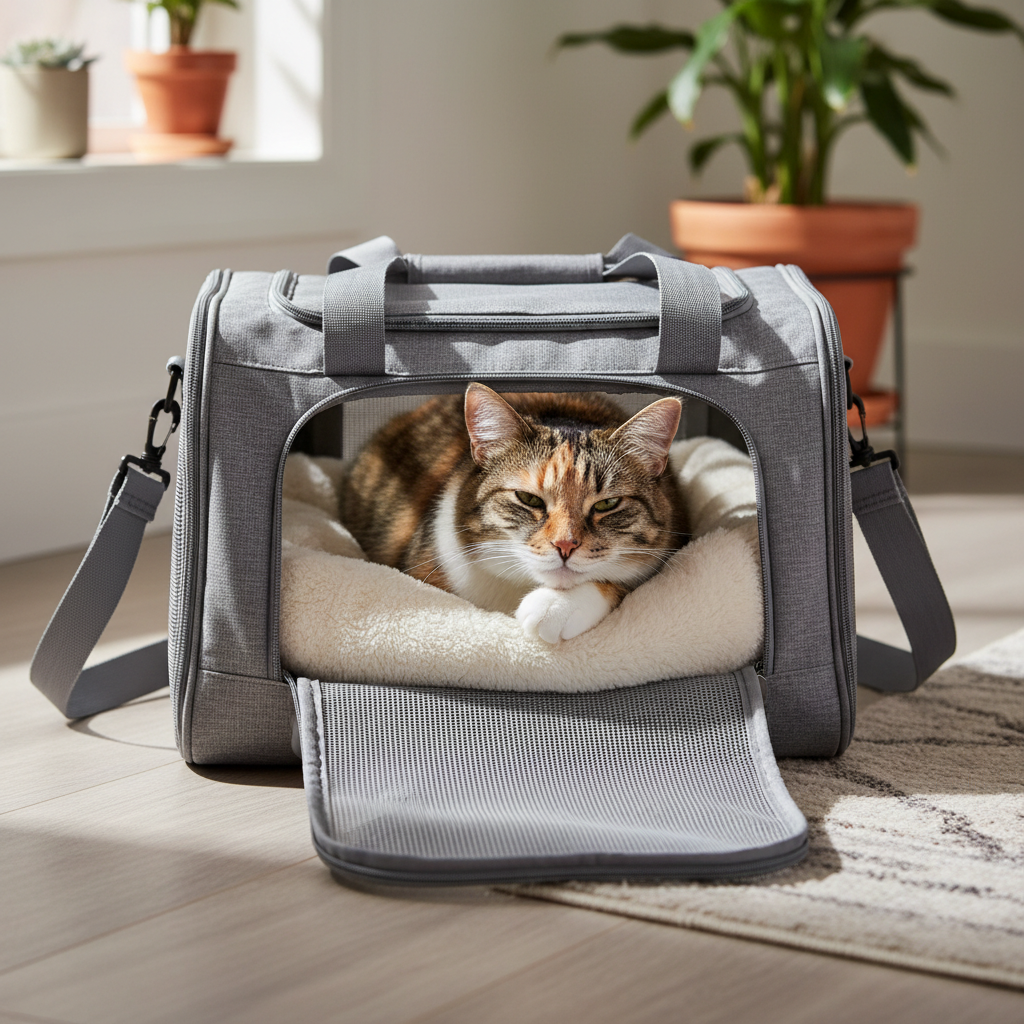 Cat resting inside airline approved pet carrier