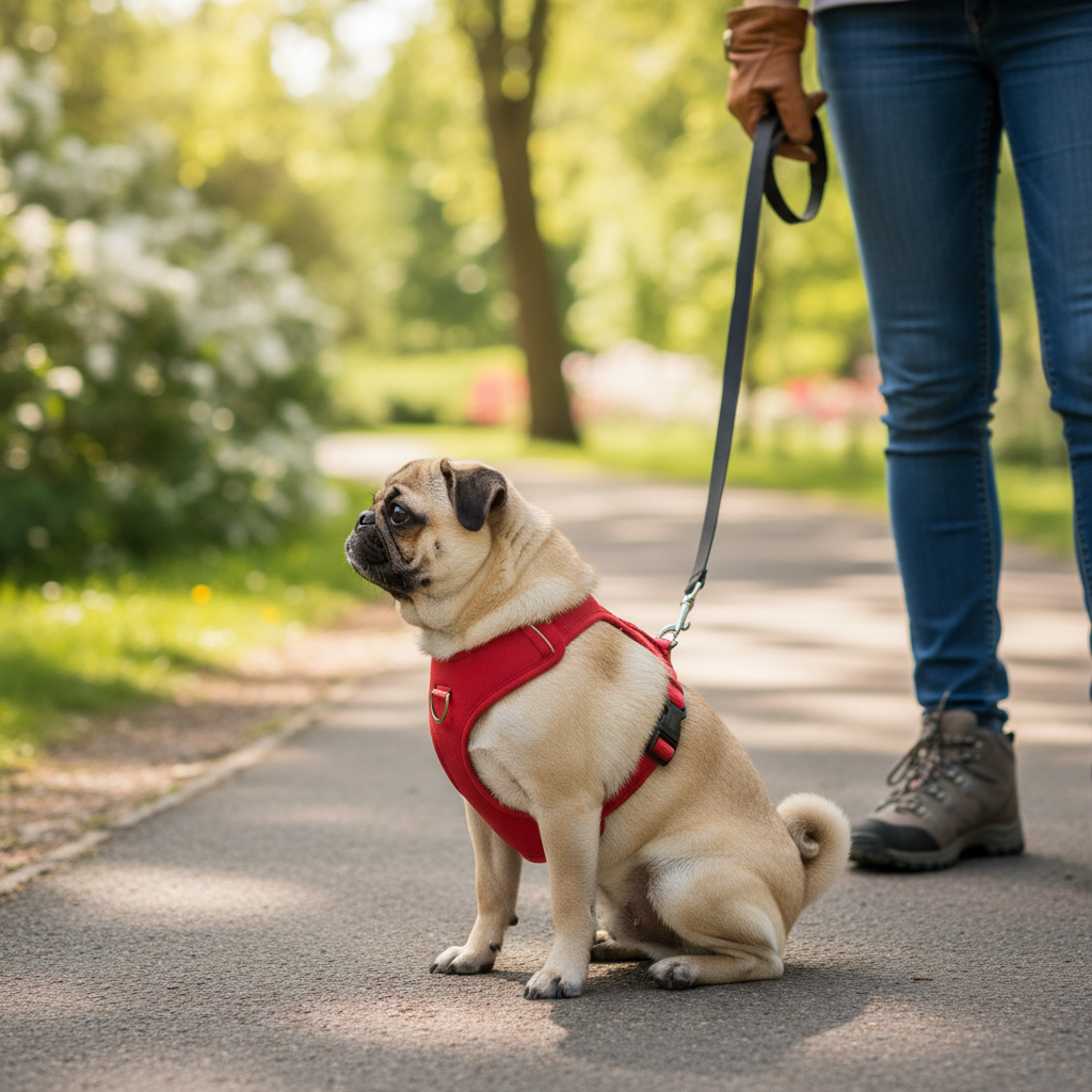 Small dog wearing adjustable no-pull harness