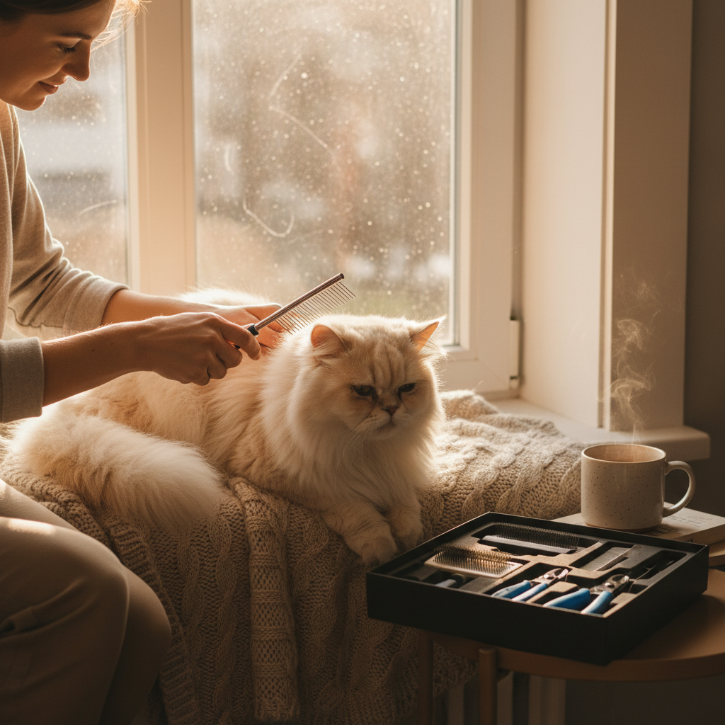 Person grooming cat with fine tooth comb