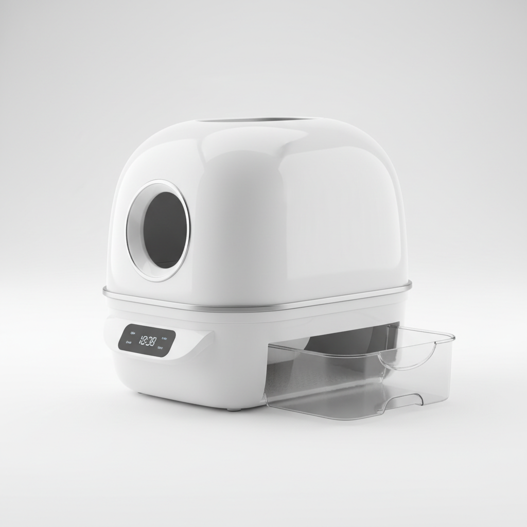 Self-cleaning cat litter box side view