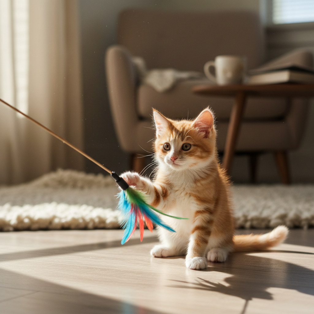 Kitten playing with feather wand toy