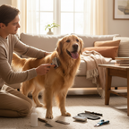 Person grooming golden retriever with pet grooming kit