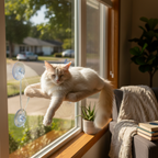 Fluffy cat sunbathing on window perch seat