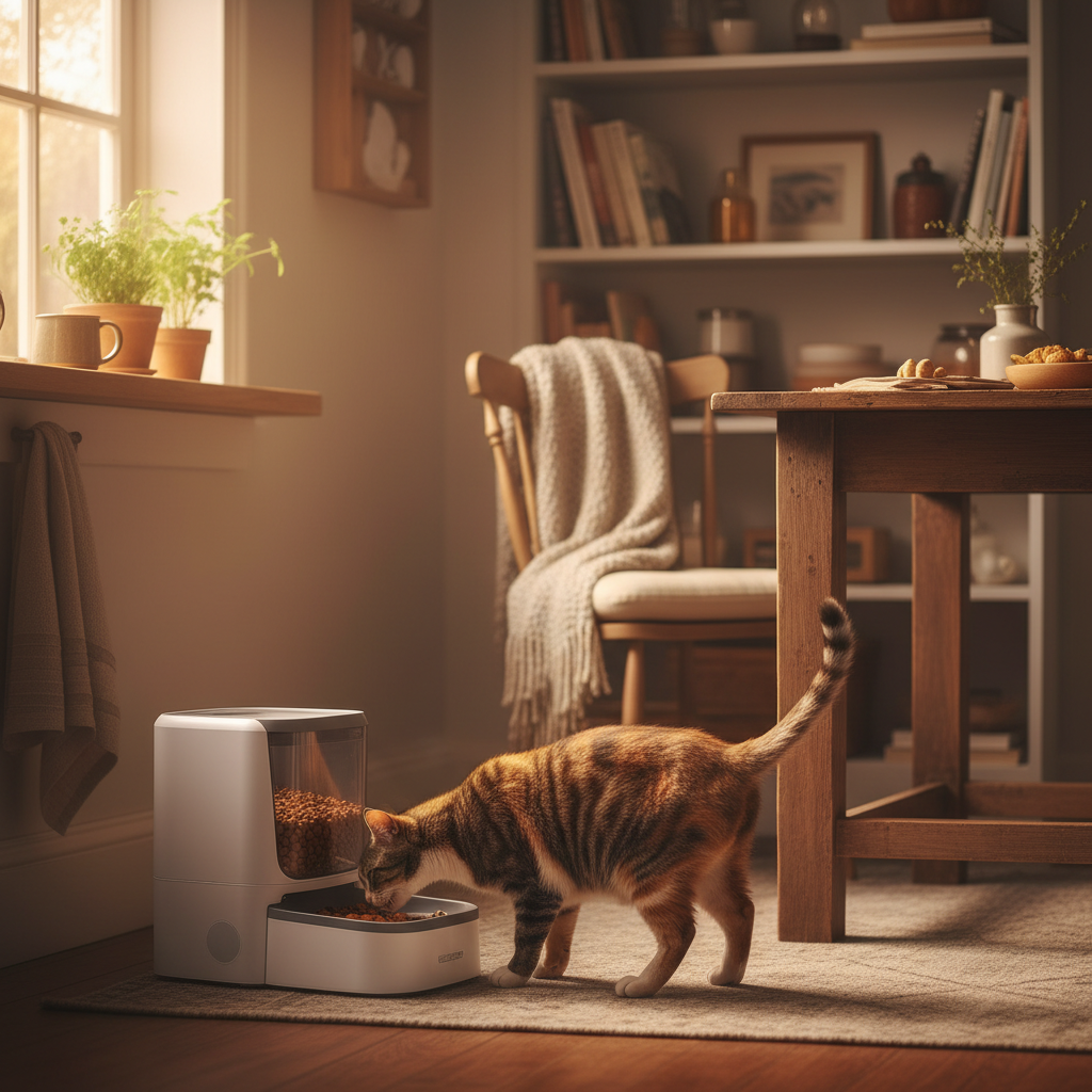 Cat eating from automatic pet feeder