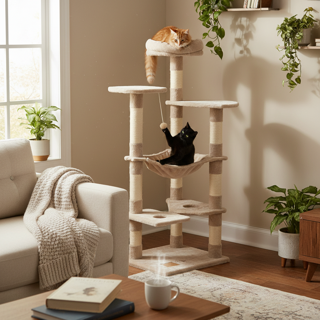 Two cats playing on multi-level cat tree