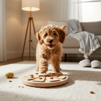 Small dog pawing at treat puzzle toy