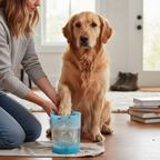 Owner cleaning muddy dog paw in paw cleaner cup