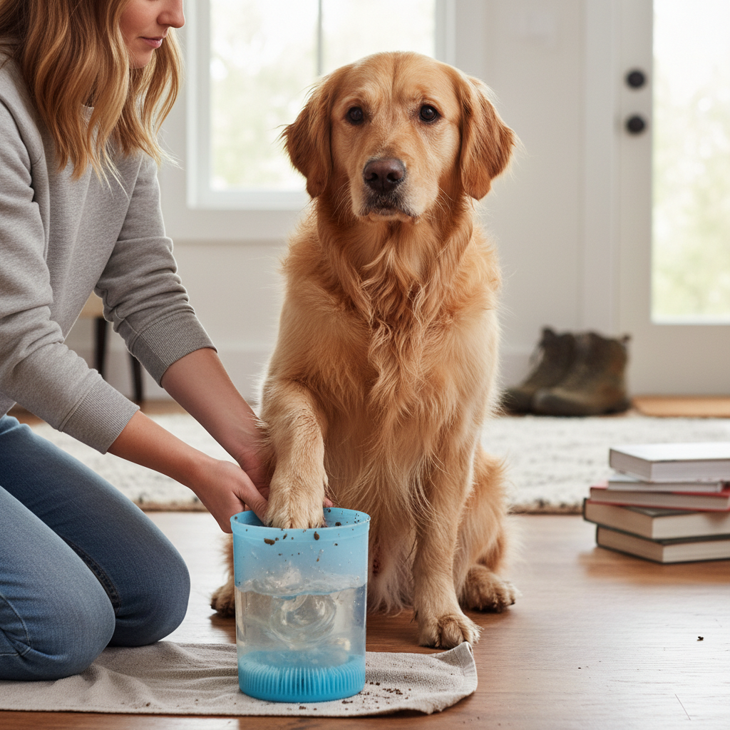 Owner cleaning muddy dog paw in paw cleaner cup