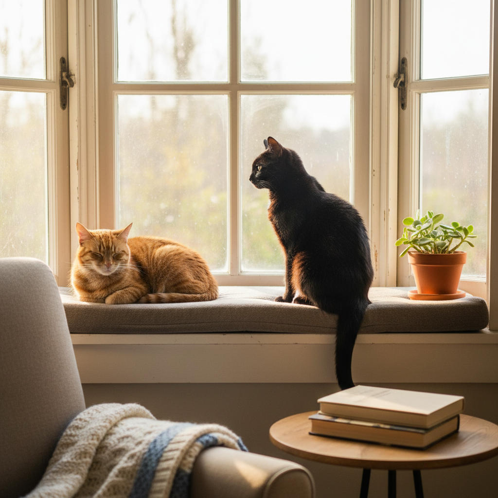 Two cats on wide window perch seat