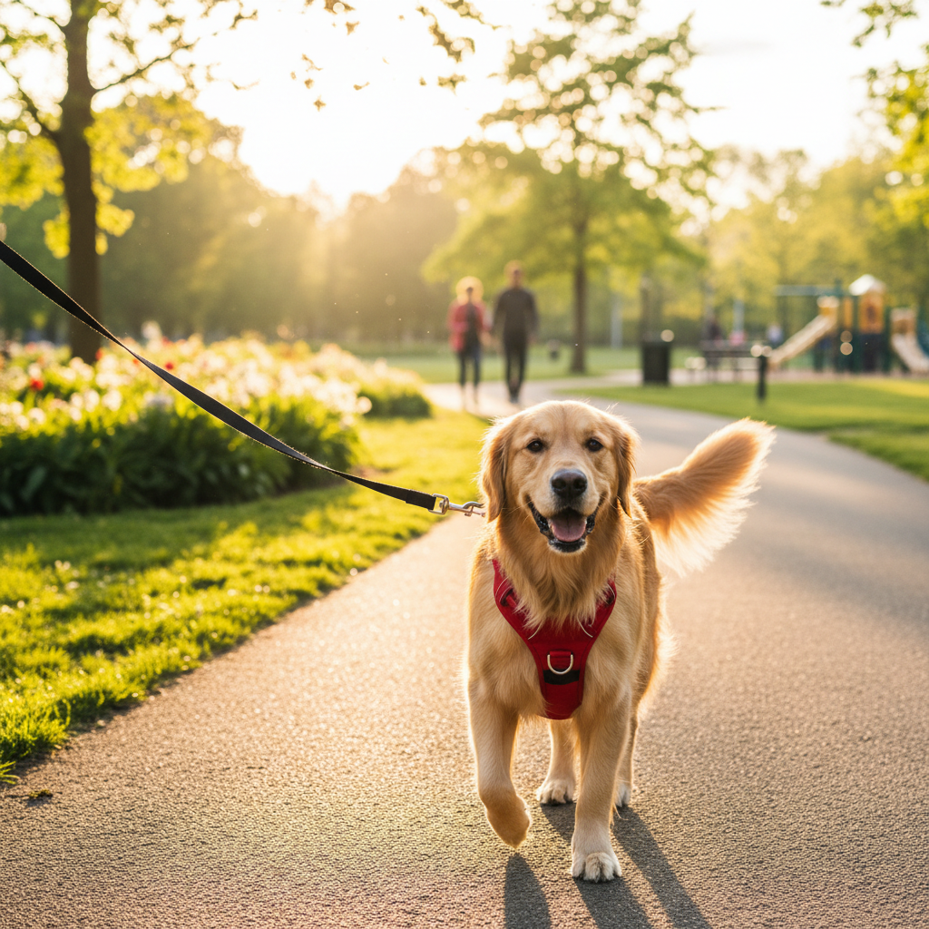 Golden retriever wearing no-pull harness on walk