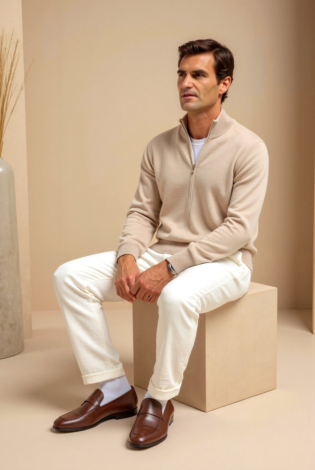 Cardigan zippé pour homme | Veste en maille à col montant minimaliste